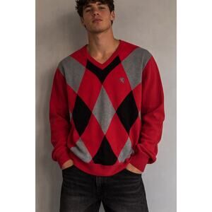 Express Black Red Plaid V-Neck Sweater 100% Cotton Preppy Golf Vtg Y2K Men Small